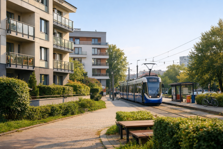 Ulica i przystanek komunikacji miejskiej w Krakowie widziane z perspektywy pieszego