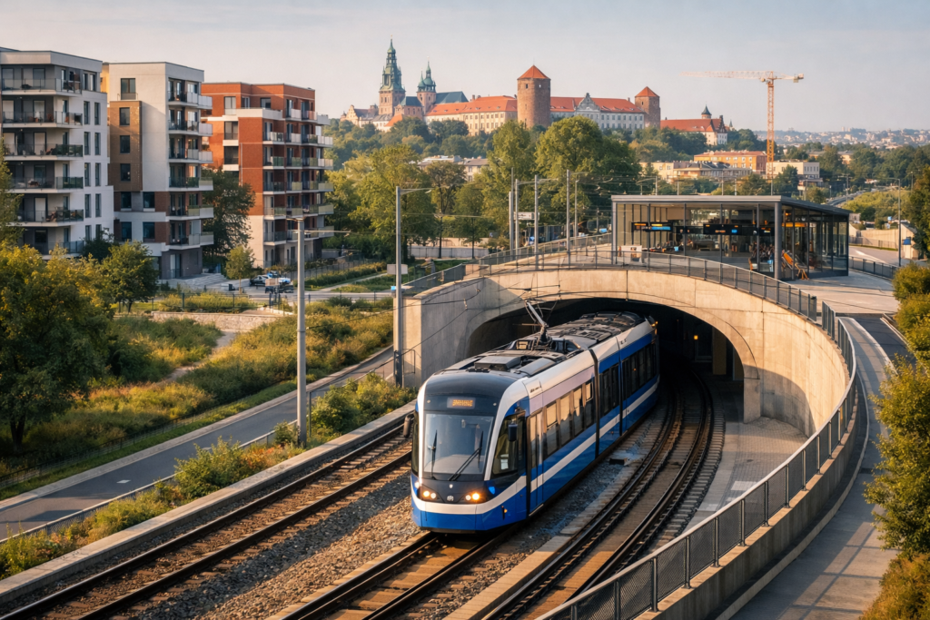 Schematyczny widok miejskiej trasy szybkiego transportu w Krakowie