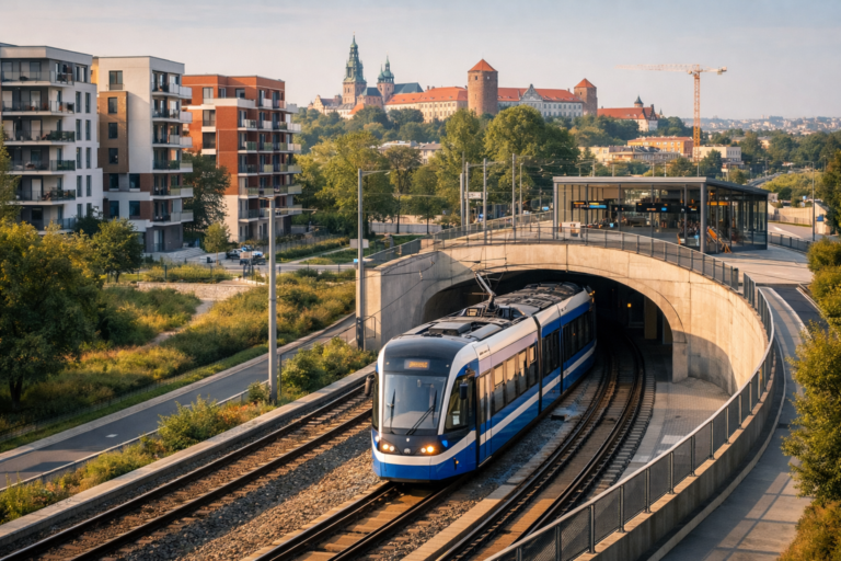 Schematyczny widok miejskiej trasy szybkiego transportu w Krakowie