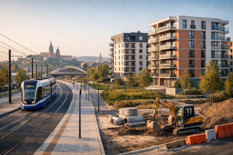 Panoramiczny widok krakowskiej dzielnicy z nową zabudową, ulicami i terenami zielonymi