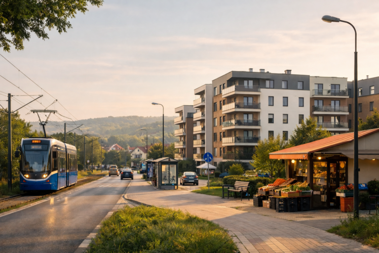 Ulica na obrzeżach Krakowa z zabudową mieszkaniową i otwartym terenem