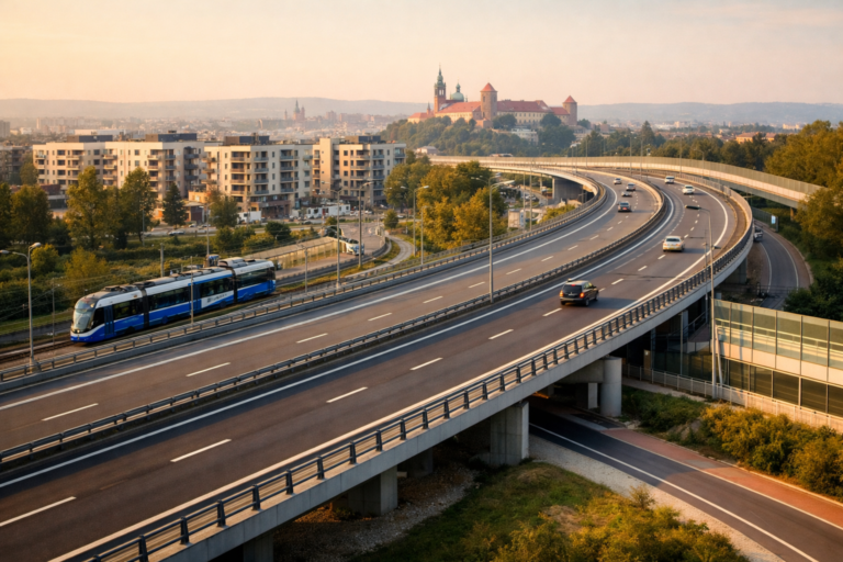 Układ dróg obwodnicowych wokół Krakowa widziany z lotu ptaka